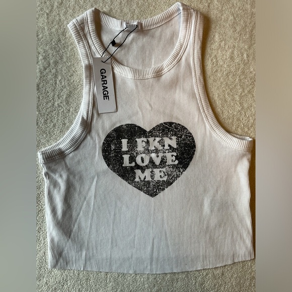 Garage Tops - NWT Garage “I fkn love me” tank, cropped, white with black letters, Sz small